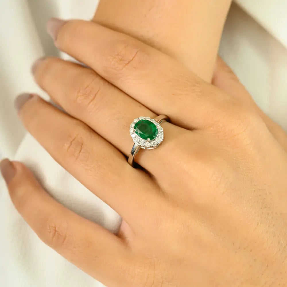 100% Real Zambian Emerald & Diamond Halo Ring Solid 14K White Gold Engagement Jewelry