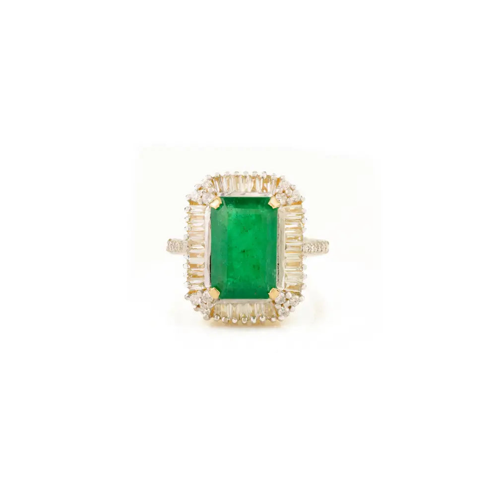 K14 Yellow Gold Zambian Emerald & Diamond Halo Ring Engagement Women's Jewelry