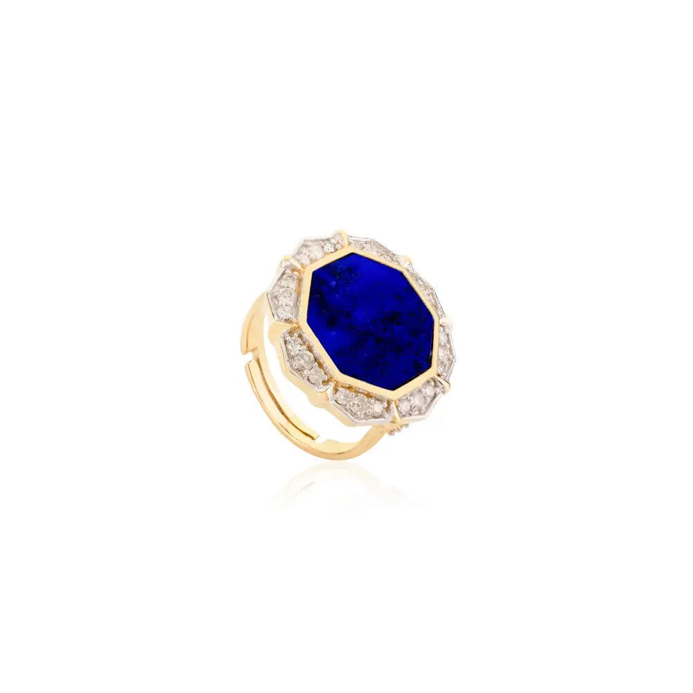 Hexagon Shape Lapis Lazuli & Round Diamond Statement Cocktail Ring Real 14K Gold Fine Jewelry