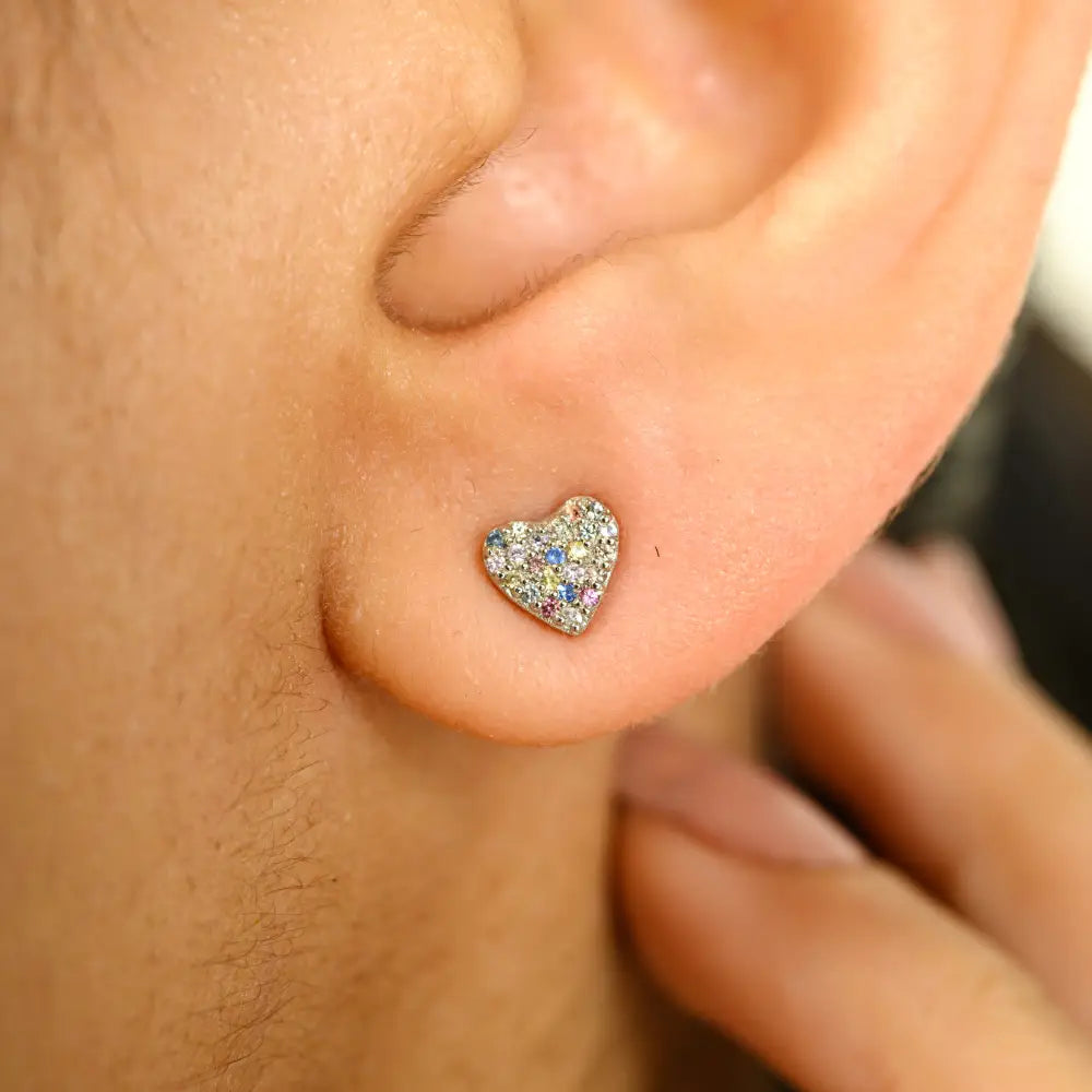 Rainbow Colorful Multi Sapphire Minimal Heart Shape Stud Earrings Pure K14 White Gold