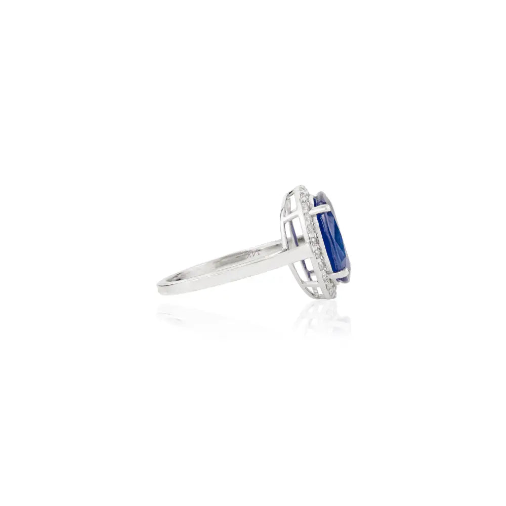 Statement Natural Blue Sapphire & Diamond Halo Ring Wedding Jewelry 14K Solid White Gold