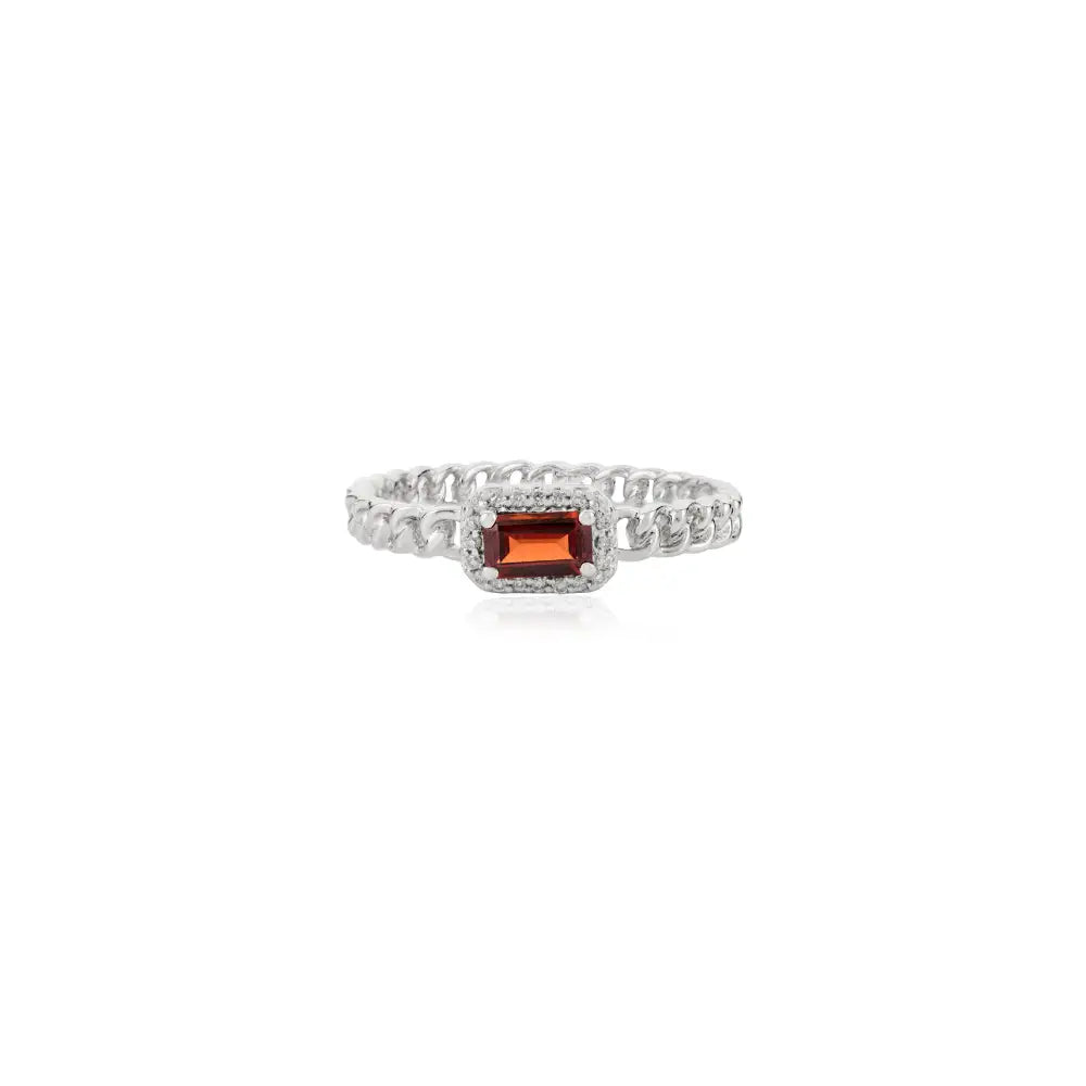 Baguette Garnet & Round Diamond 14K Gold Halo Cuban Chain Band Ring Stacked Jewelry