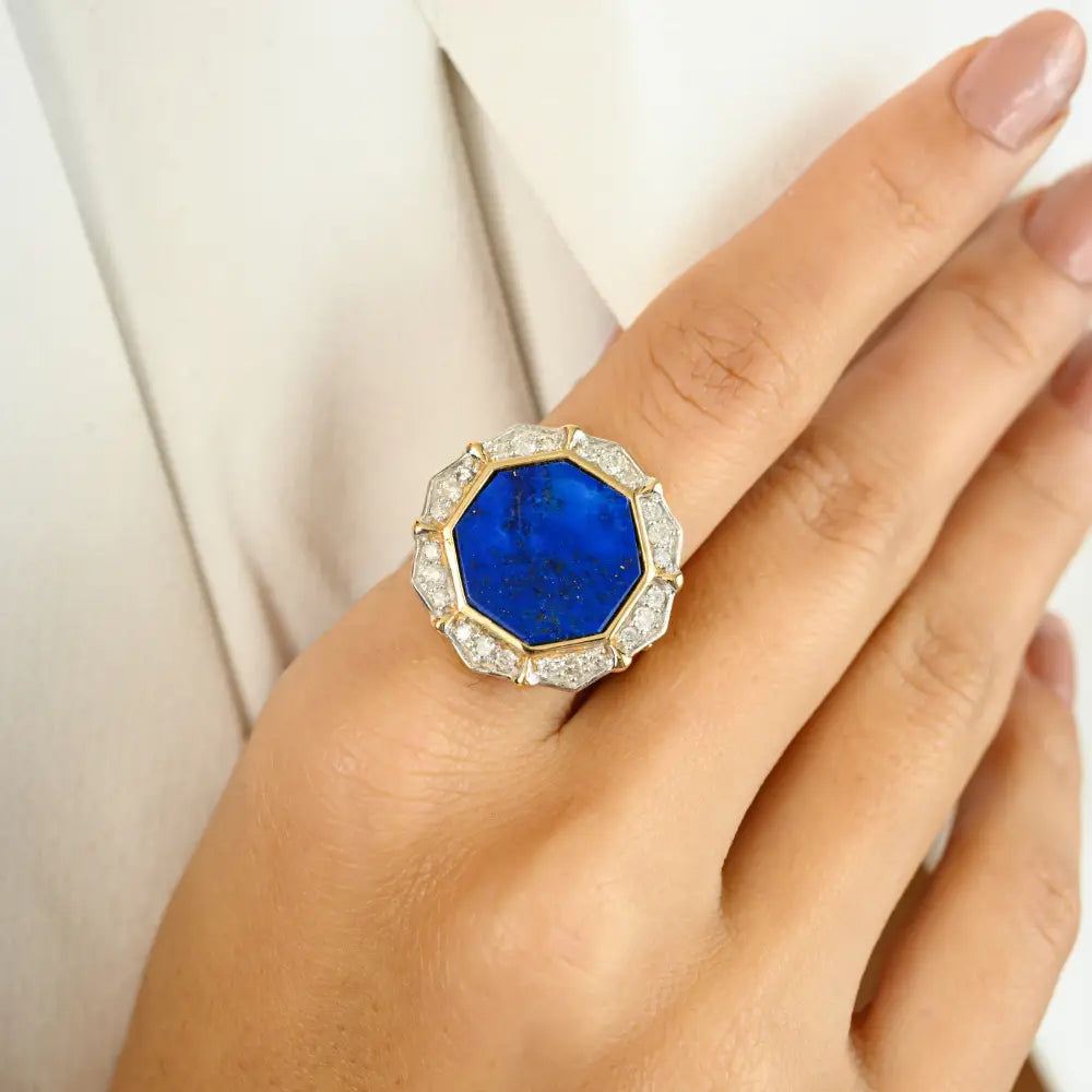 Hexagon Shape Lapis Lazuli & Round Diamond Statement Cocktail Ring Real 14K Gold Fine Jewelry