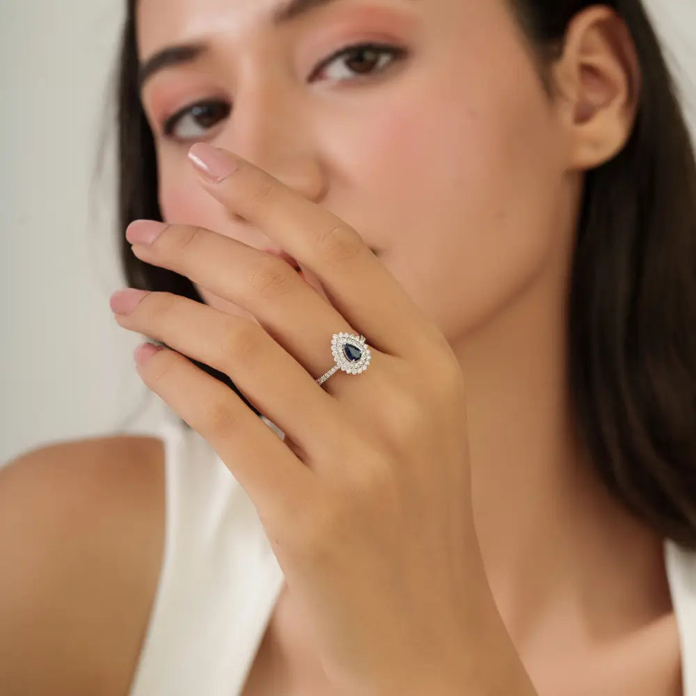 Custom Made Blue Sapphire & Diamond Pear Shape Double Cluster Statement Ring 18K Gold