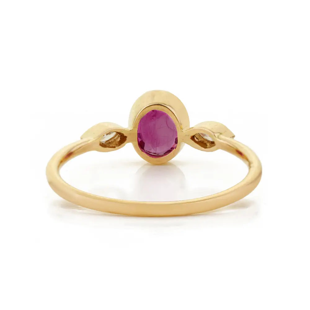18K Solid Yellow Gold Bezel Set Ruby & Diamond Stack Three Stone Ring July Birthstone Jewelry