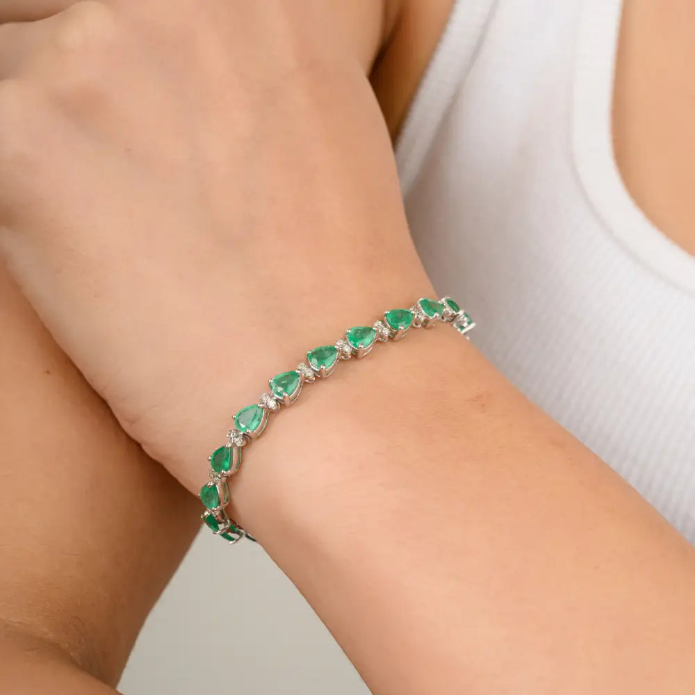 Pear Shape Emerald & Round Diamond Tennis Bracelet Solid 14K White Gold Handmade Fine Jewelry