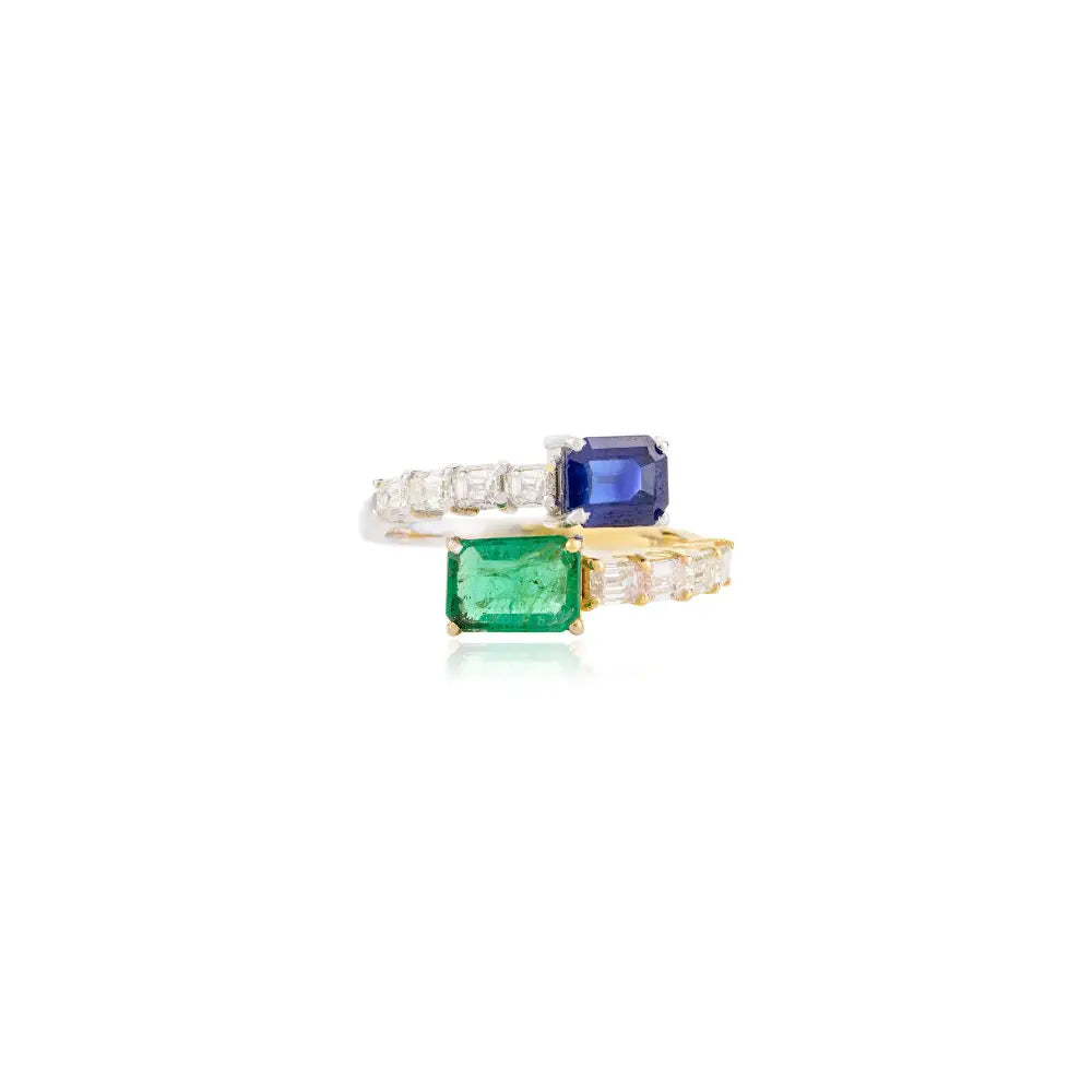 Emerald Blue Sapphire & Diamond 14K Two Tone Bypass Ring Custom Gold Jewelry Manufacturer