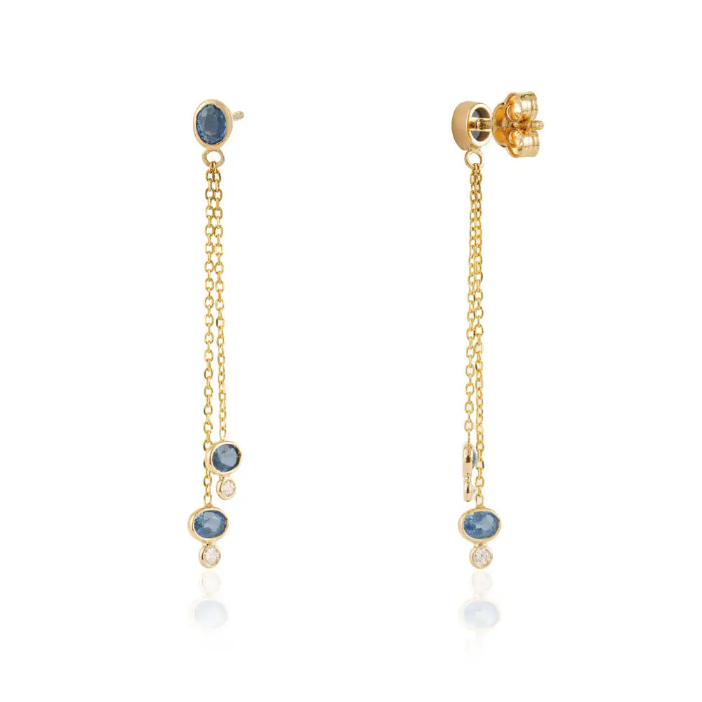 Delicate Design K18 Yellow Gold Blue Sapphire & Diamond Double Link Chain Dangle Earrings