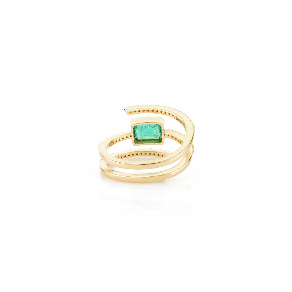 Unique Latest Design Yellow Gold Genuine Emerald & Diamond Wrap Spiral Ring Statement Jewelry