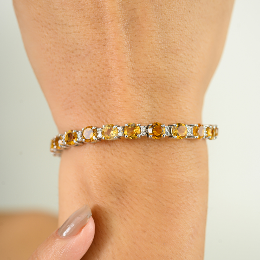 Modern Latest Design Genuine Citrine & American Diamond Sleek Bracelet 925 Solid Silver