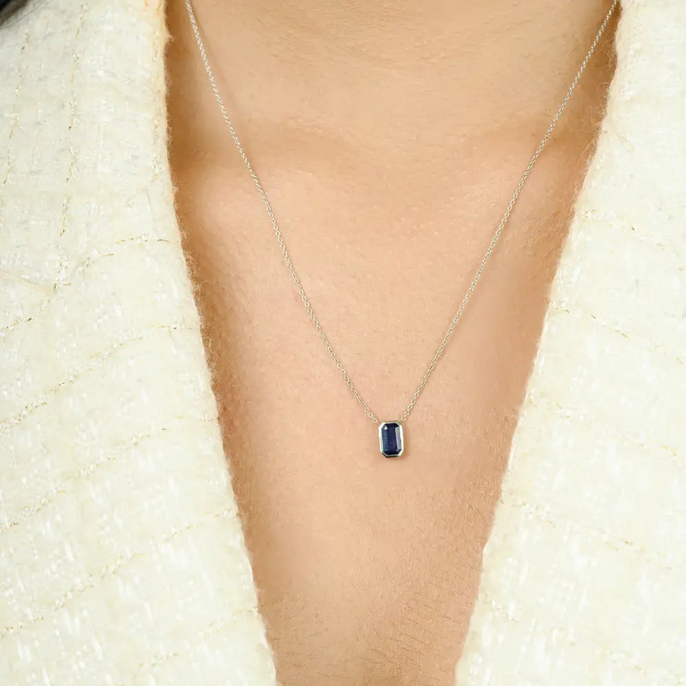 September Birthstone Blue Sapphire Single Stone Pendant Necklace 14K White Gold
