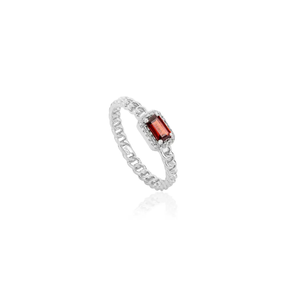 Baguette Garnet & Round Diamond 14K Gold Halo Cuban Chain Band Ring Stacked Jewelry