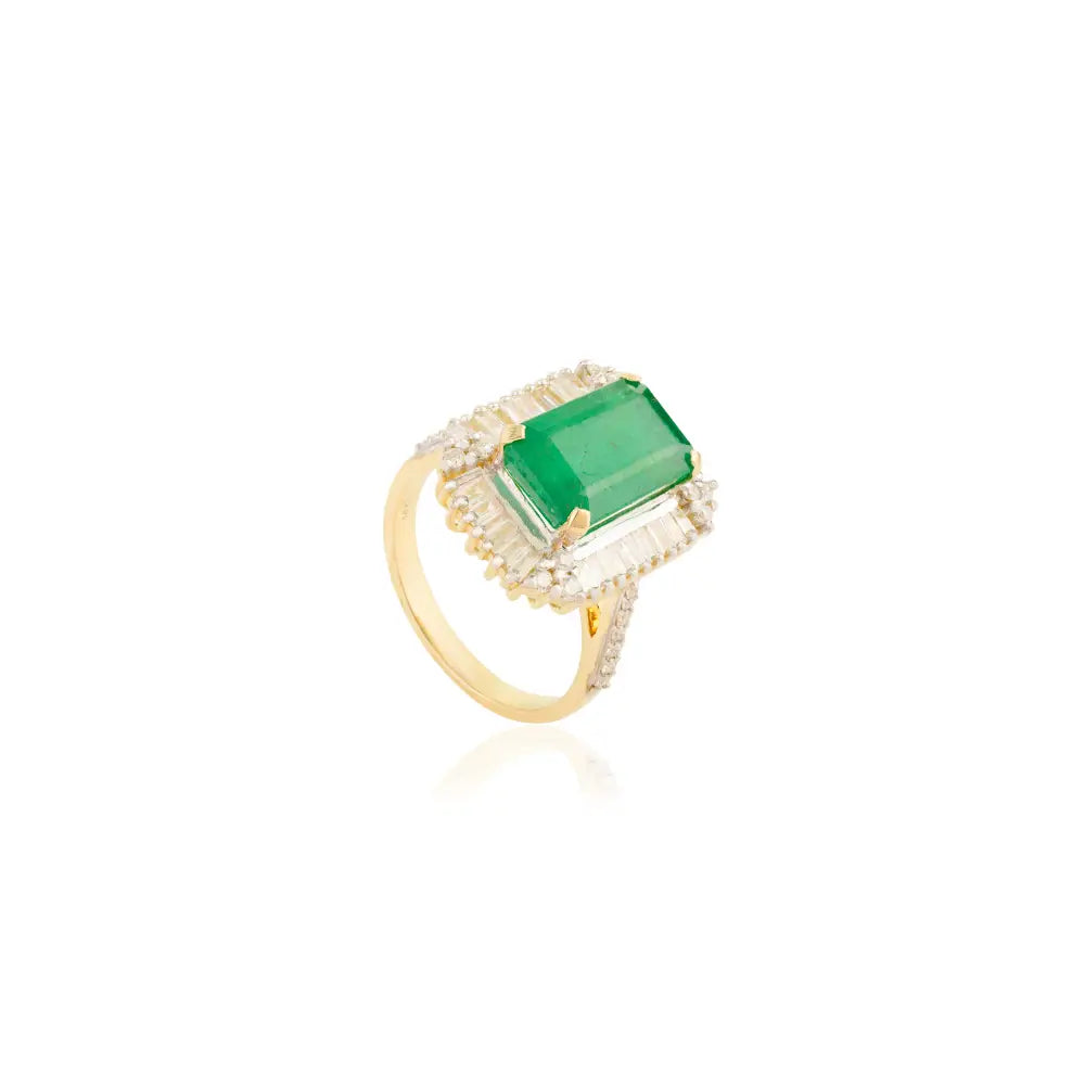 K14 Yellow Gold Zambian Emerald & Diamond Halo Ring Engagement Women's Jewelry
