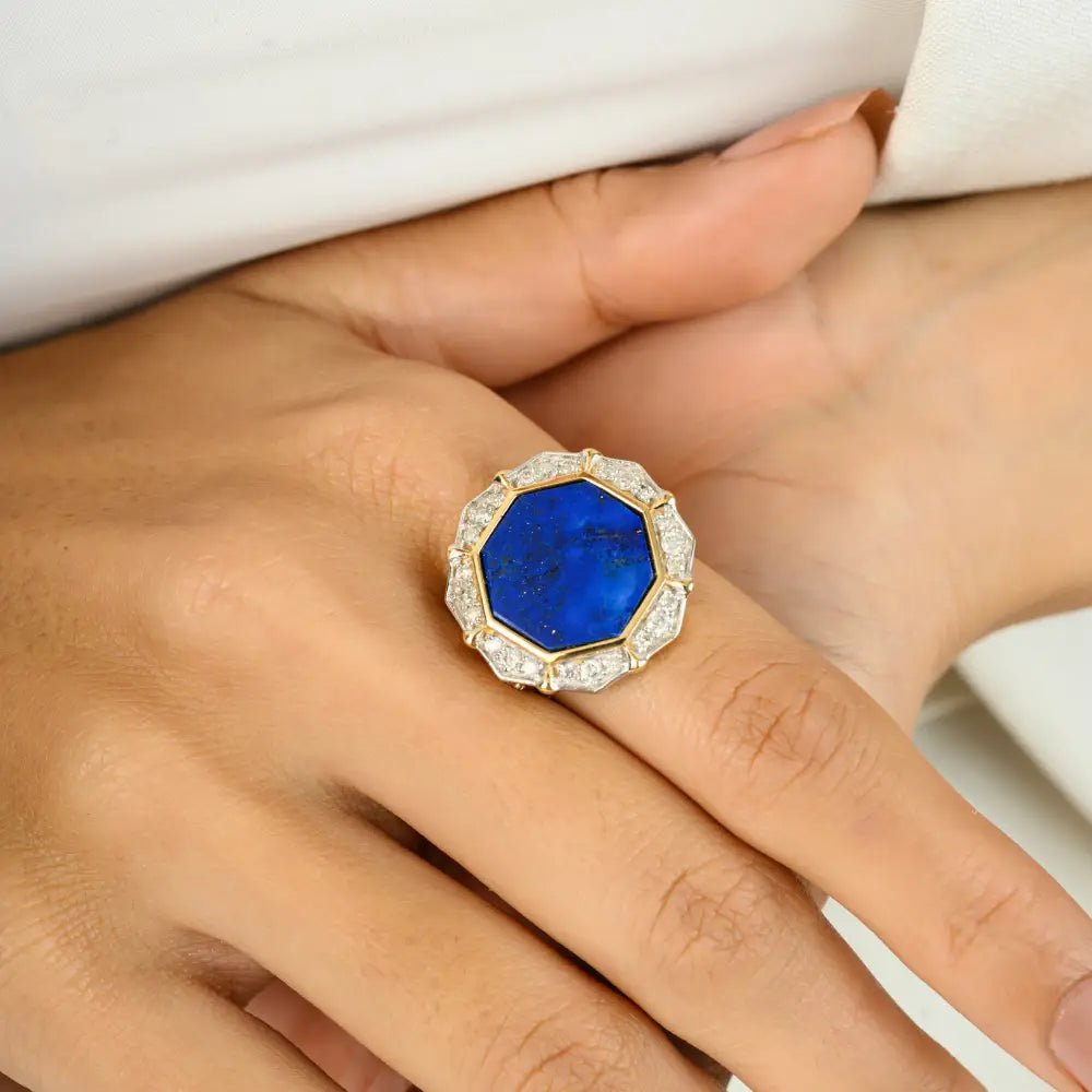 Hexagon Shape Lapis Lazuli & Round Diamond Statement Cocktail Ring Real 14K Gold Fine Jewelry