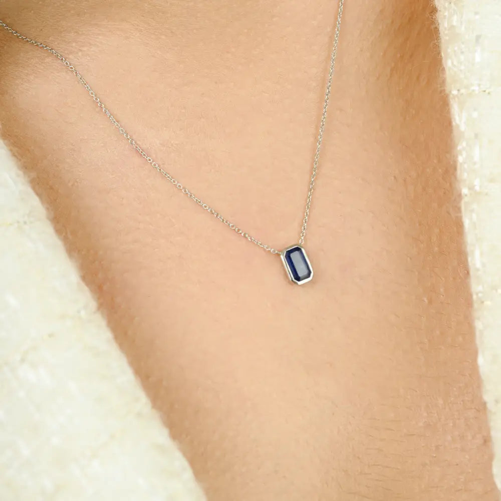 September Birthstone Blue Sapphire Single Stone Pendant Necklace 14K White Gold