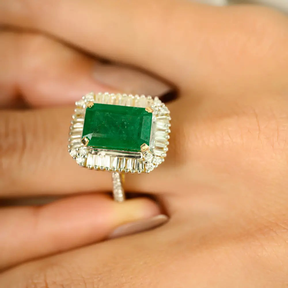 K14 Yellow Gold Zambian Emerald & Diamond Halo Ring Engagement Women's Jewelry