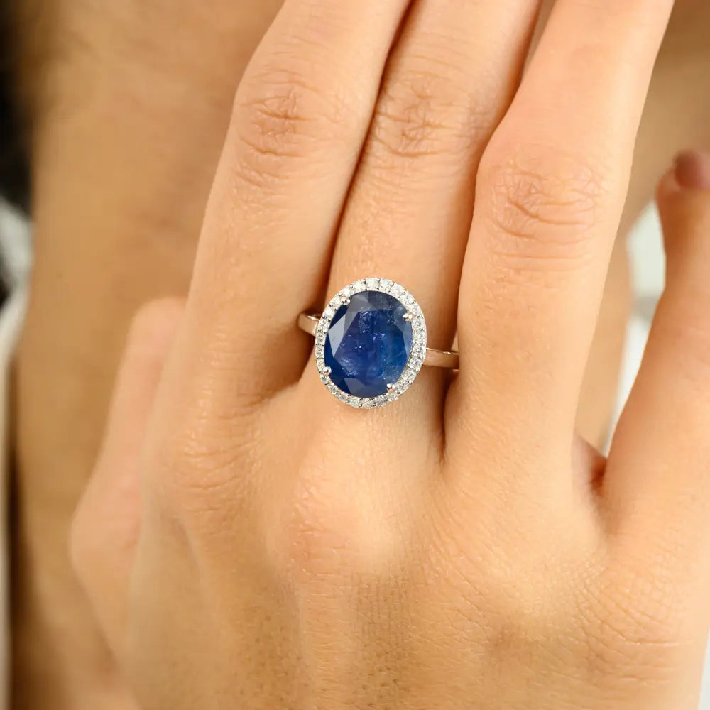 Statement Natural Blue Sapphire & Diamond Halo Ring Wedding Jewelry 14K Solid White Gold