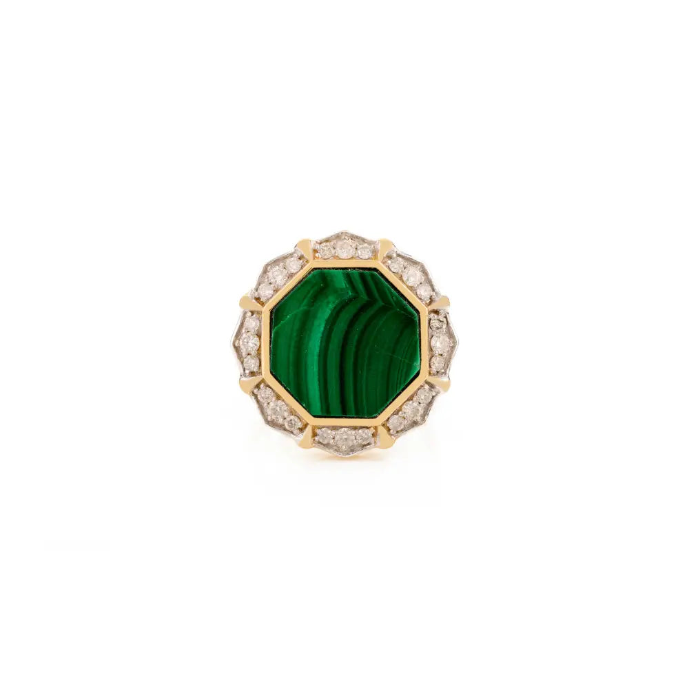 Fancy Shape Malachite & Diamond Bold Cocktail Ring For Women Real K14 Yellow Gold Jewelry