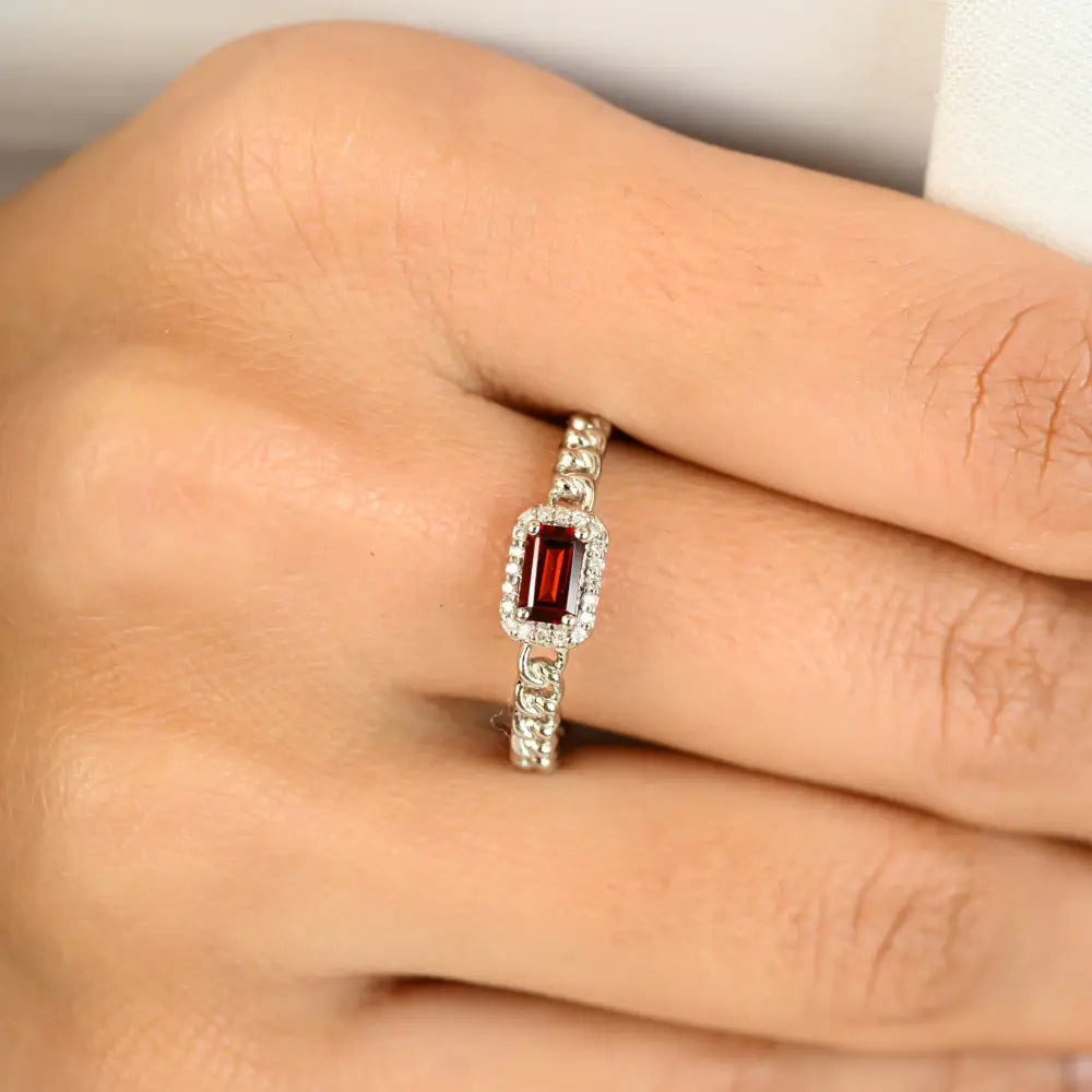 Baguette Garnet & Round Diamond 14K Gold Halo Cuban Chain Band Ring Stacked Jewelry