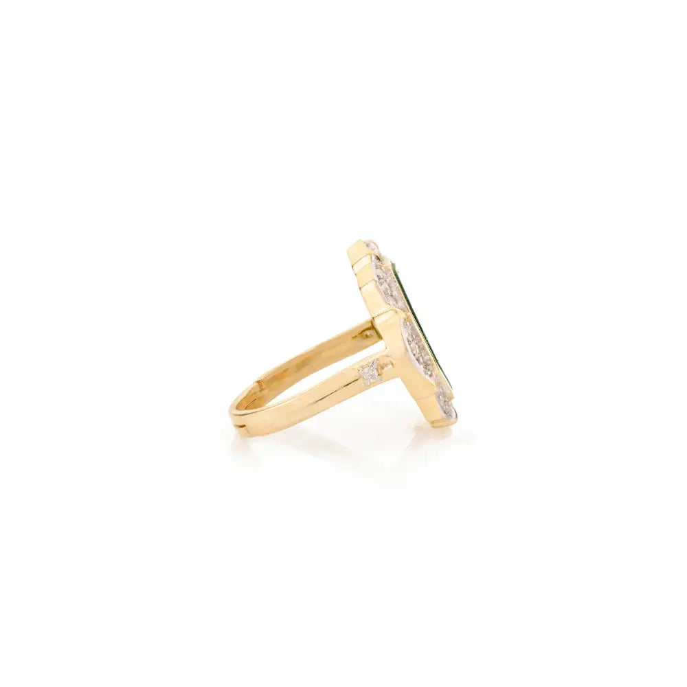 Fancy Shape Malachite & Diamond Bold Cocktail Ring For Women Real K14 Yellow Gold Jewelry