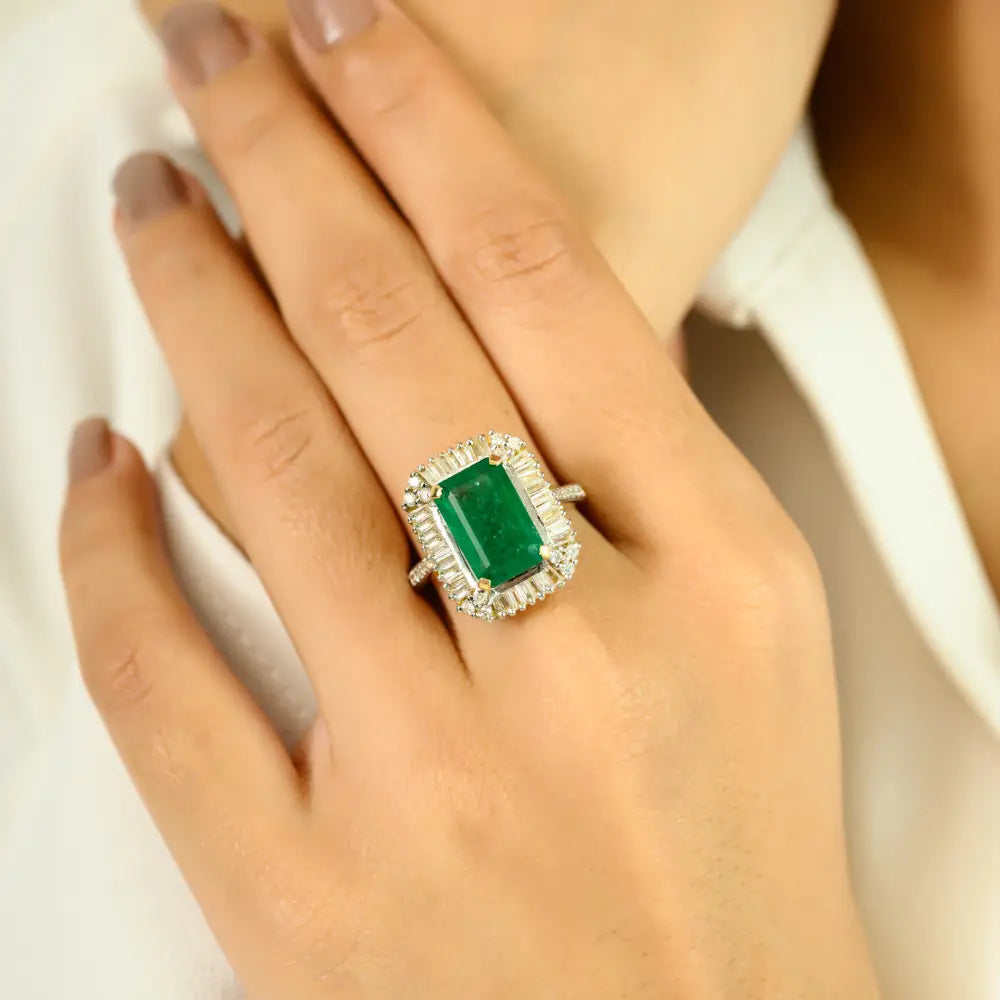 K14 Yellow Gold Zambian Emerald & Diamond Halo Ring Engagement Women's Jewelry