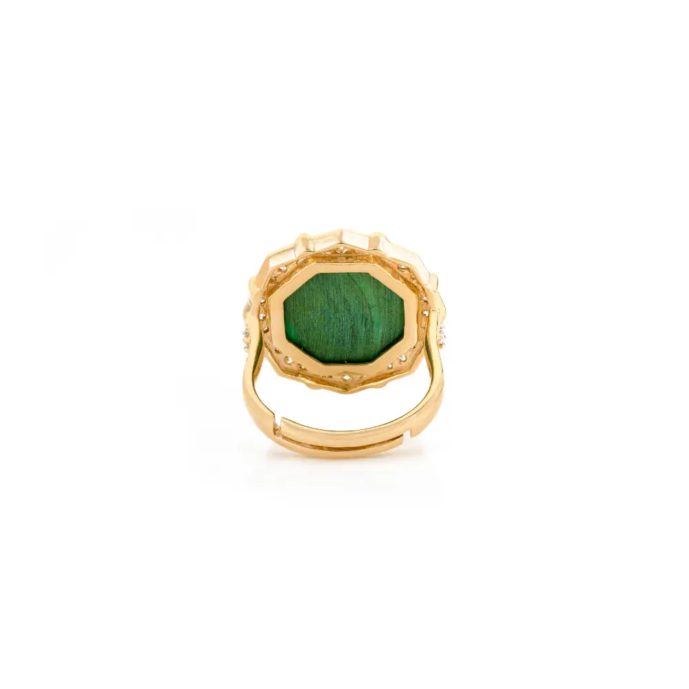 Fancy Shape Malachite & Diamond Bold Cocktail Ring For Women Real K14 Yellow Gold Jewelry