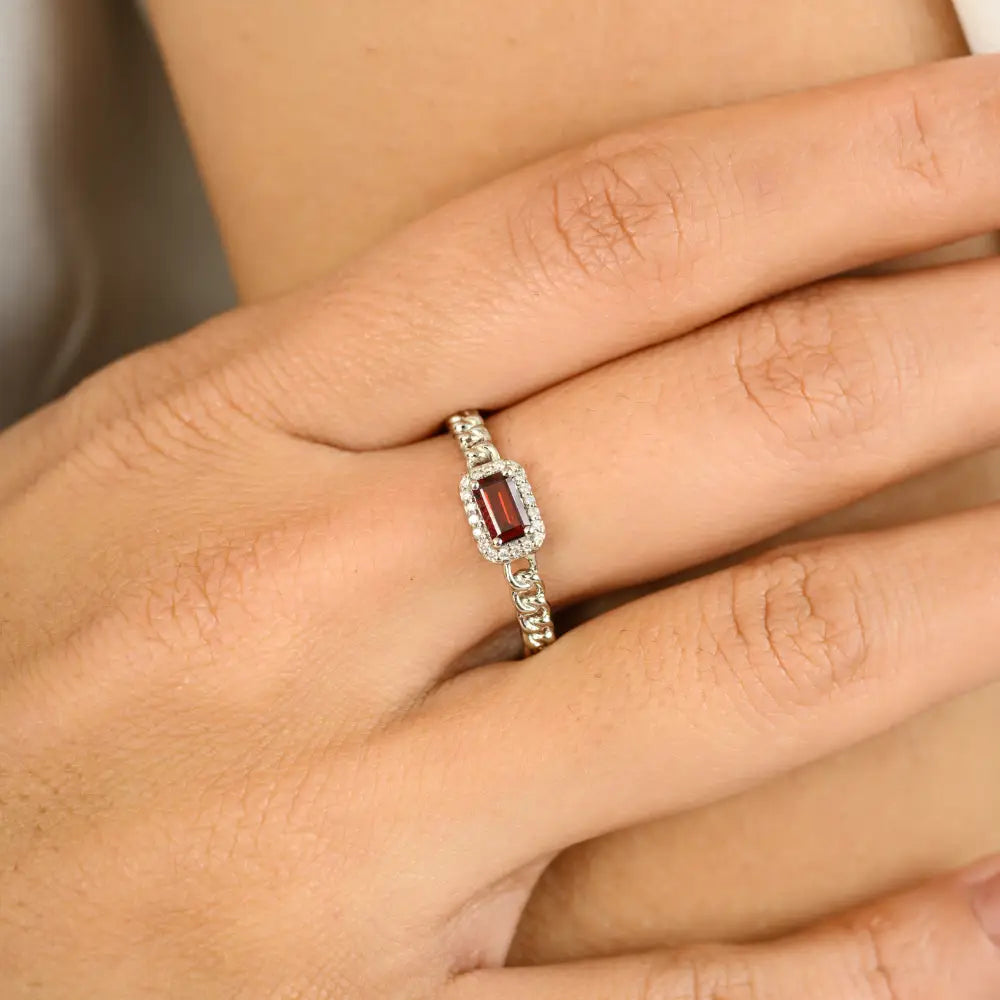 Baguette Garnet & Round Diamond 14K Gold Halo Cuban Chain Band Ring Stacked Jewelry