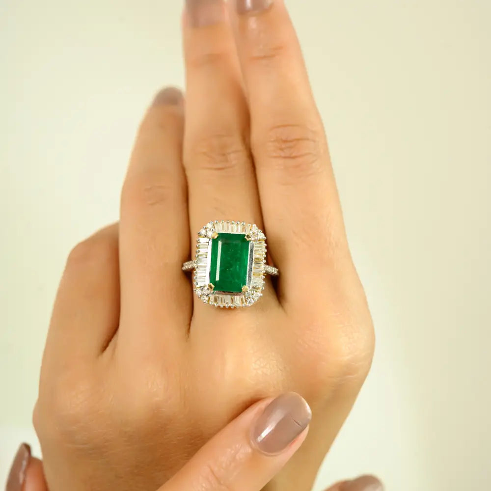 K14 Yellow Gold Zambian Emerald & Diamond Halo Ring Engagement Women's Jewelry