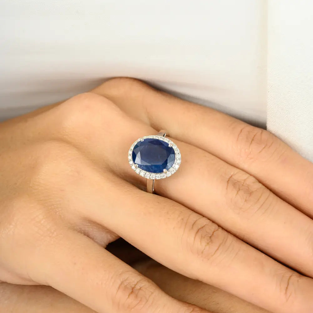 Statement Natural Blue Sapphire & Diamond Halo Ring Wedding Jewelry 14K Solid White Gold