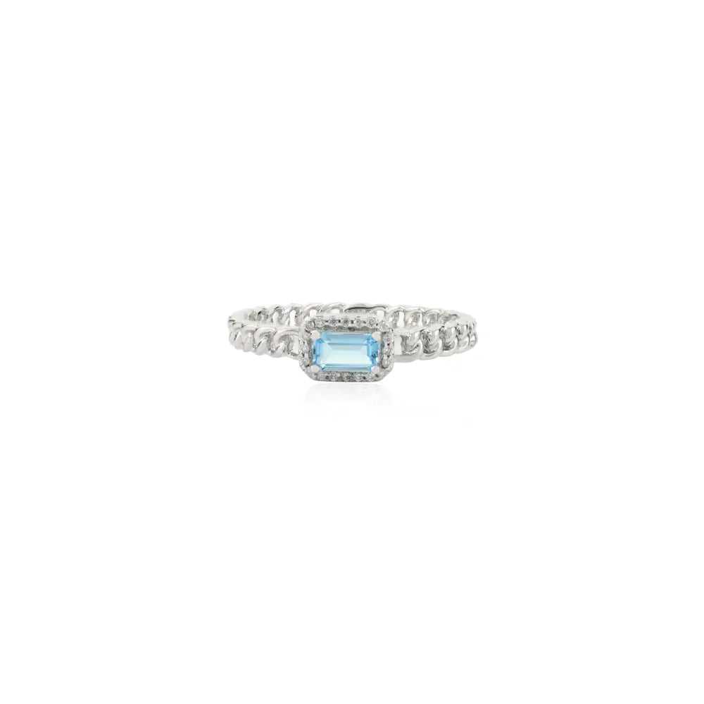 Blue Topaz & Diamond Halo Cuban Chain Band Stackable Ring 14K Solid Gold Wholesale Jewelry