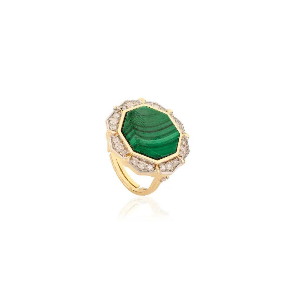 Fancy Shape Malachite & Diamond Bold Cocktail Ring For Women Real K14 Yellow Gold Jewelry