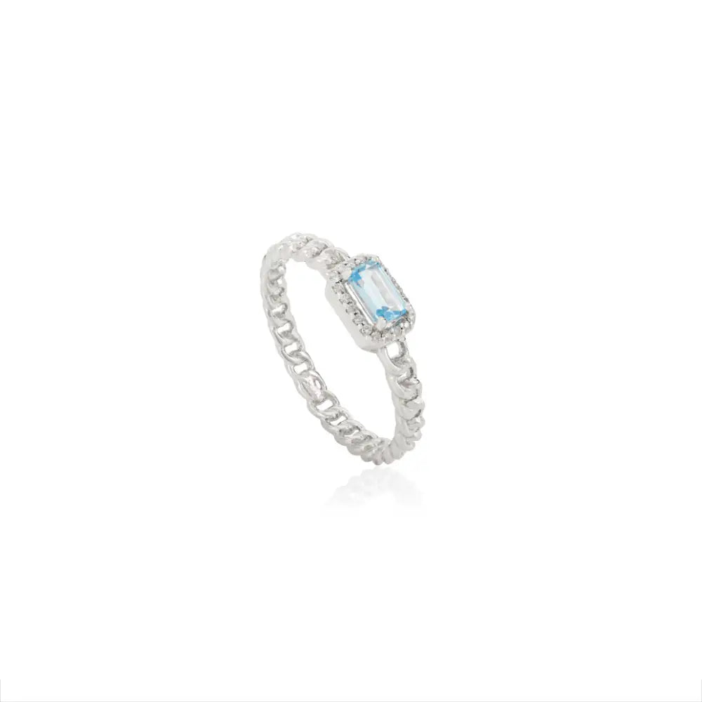 Blue Topaz & Diamond Halo Cuban Chain Band Stackable Ring 14K Solid Gold Wholesale Jewelry