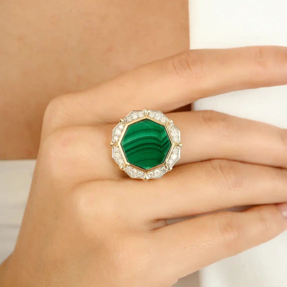 Fancy Shape Malachite & Diamond Bold Cocktail Ring For Women Real K14 Yellow Gold Jewelry