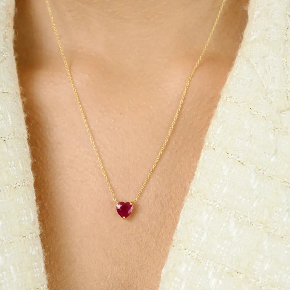 Heart Shape Ruby Single Stone Pendant Necklace Birthday Gift For Her K18 Solid Yellow Gold