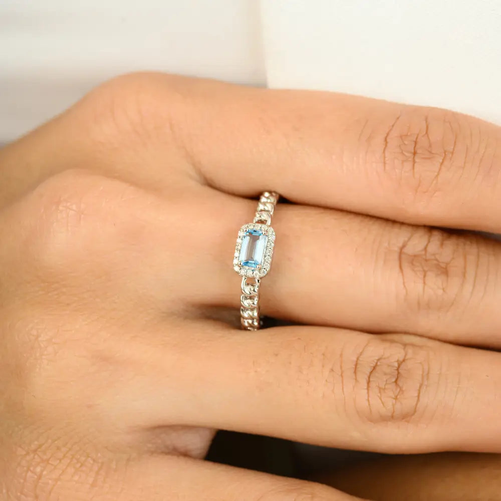 Blue Topaz & Diamond Halo Cuban Chain Band Stackable Ring 14K Solid Gold Wholesale Jewelry