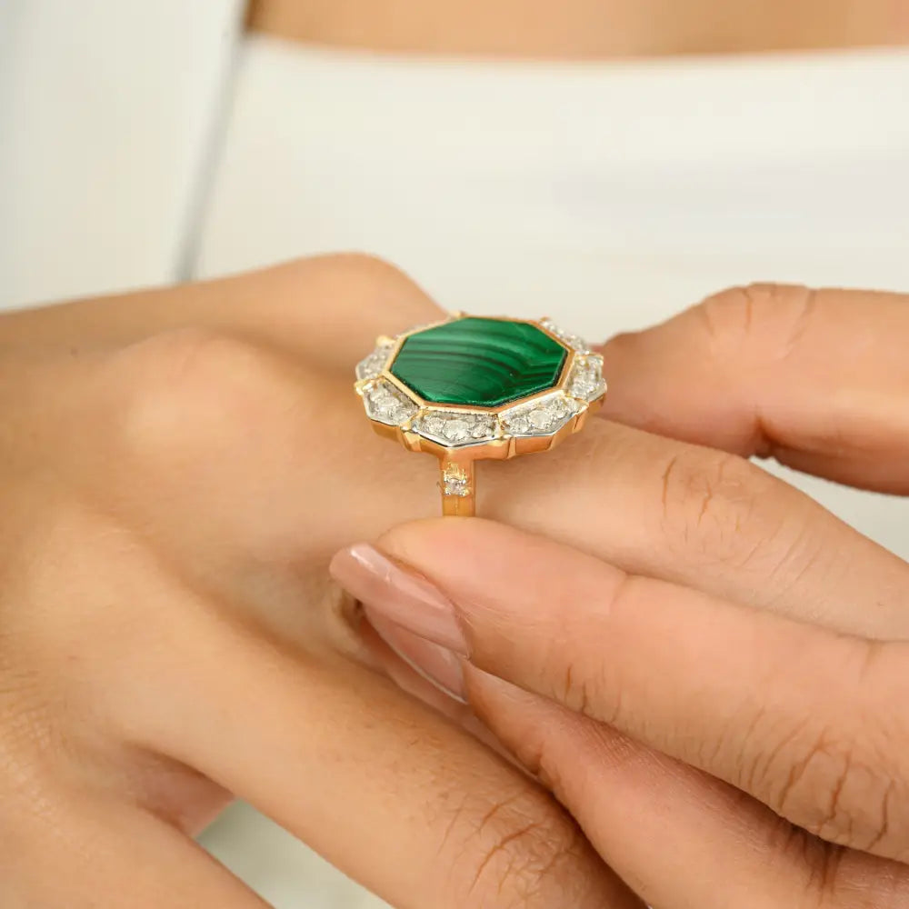 Fancy Shape Malachite & Diamond Bold Cocktail Ring For Women Real K14 Yellow Gold Jewelry