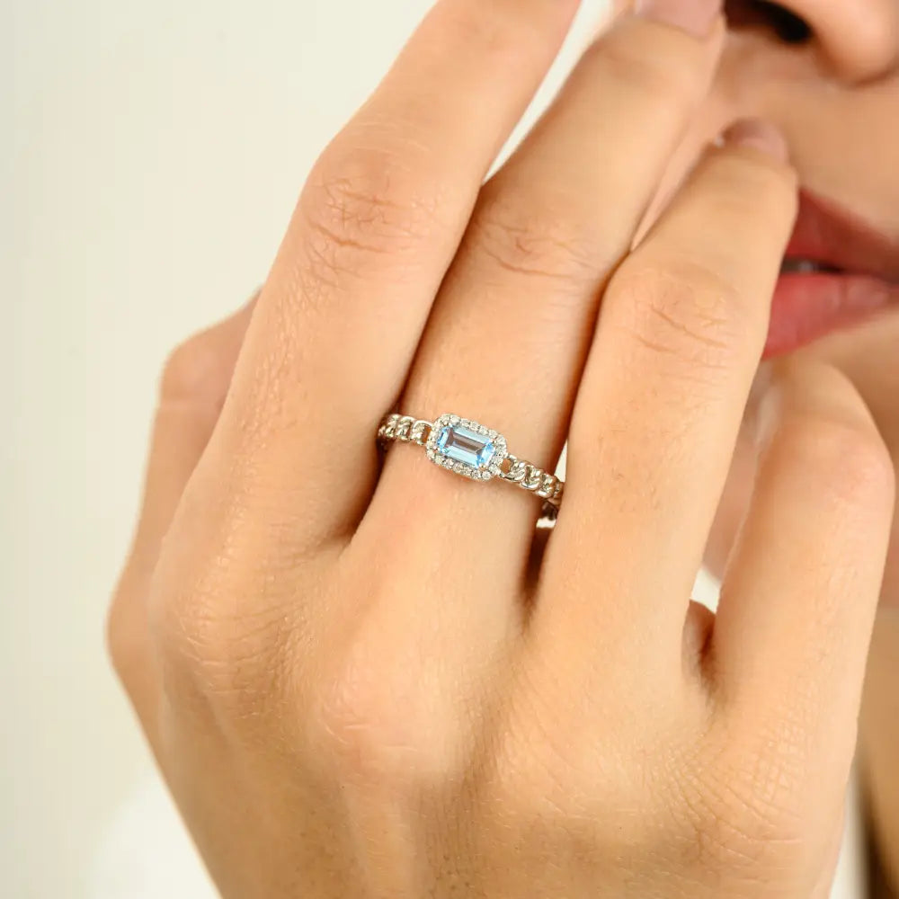 Blue Topaz & Diamond Halo Cuban Chain Band Stackable Ring 14K Solid Gold Wholesale Jewelry