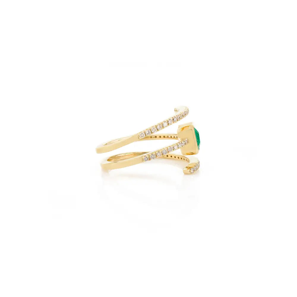 Unique Latest Design Yellow Gold Genuine Emerald & Diamond Wrap Spiral Ring Statement Jewelry
