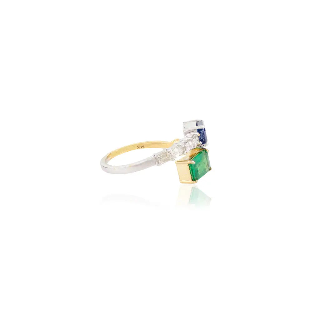 Emerald Blue Sapphire & Diamond 14K Two Tone Bypass Ring Custom Gold Jewelry Manufacturer