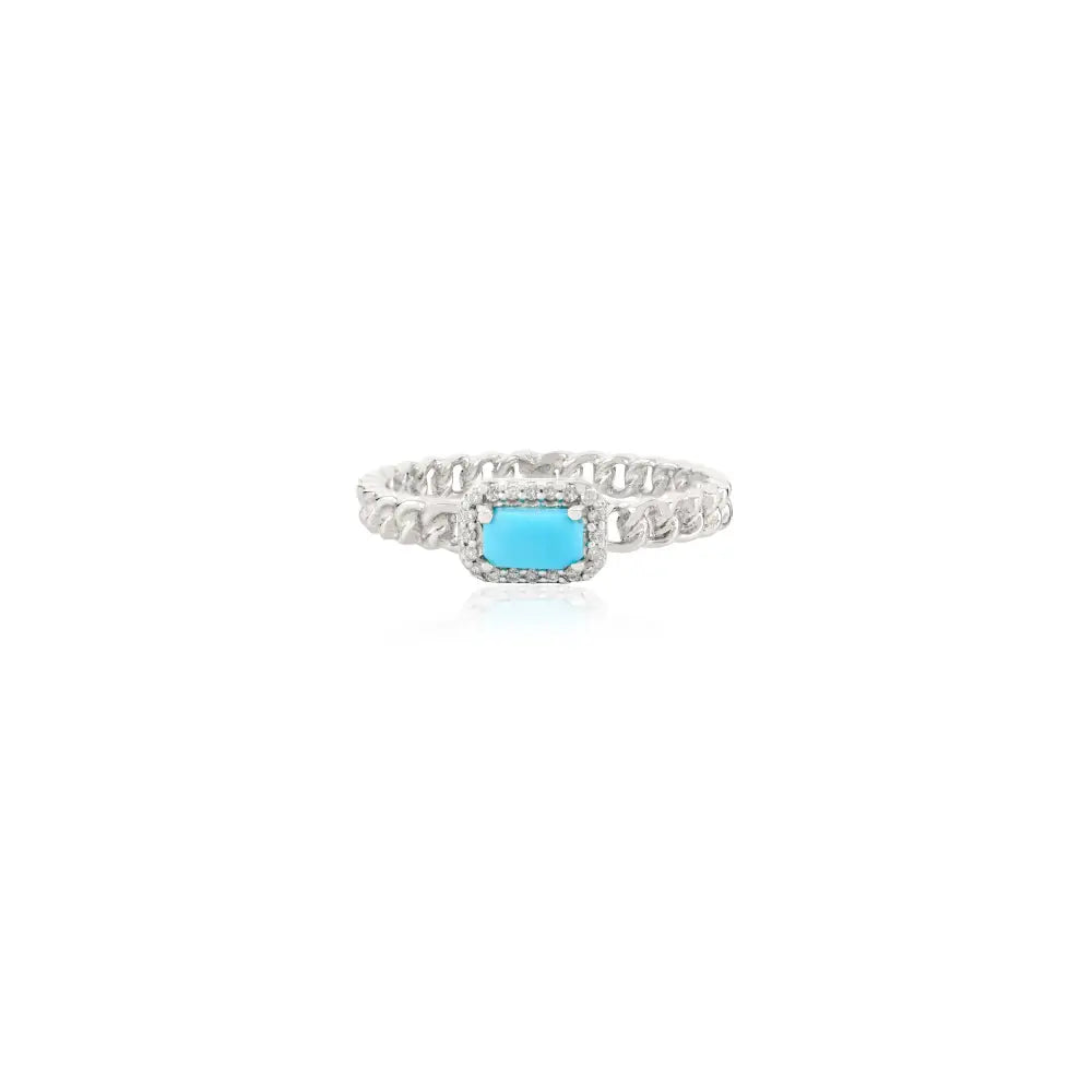 Cabochon Gemstone Turquoise & Diamond Solid 14K Gold Cuban Chain Halo Ring Unisex