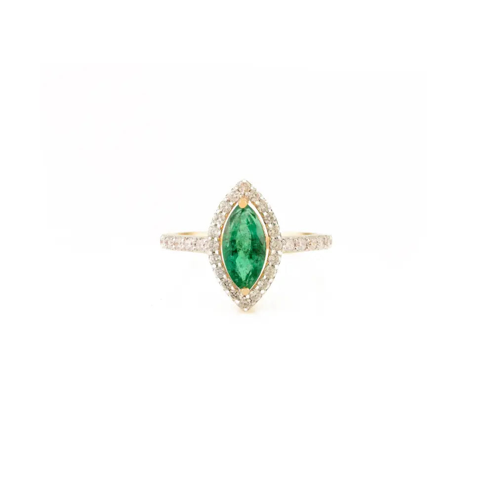 Big Marquise Cut Emerald & Diamond 18K Yellow Gold Halo Ring Trending Party Wear Jewelry
