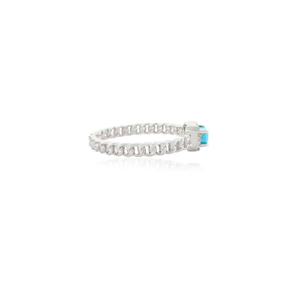Cabochon Gemstone Turquoise & Diamond Solid 14K Gold Cuban Chain Halo Ring Unisex