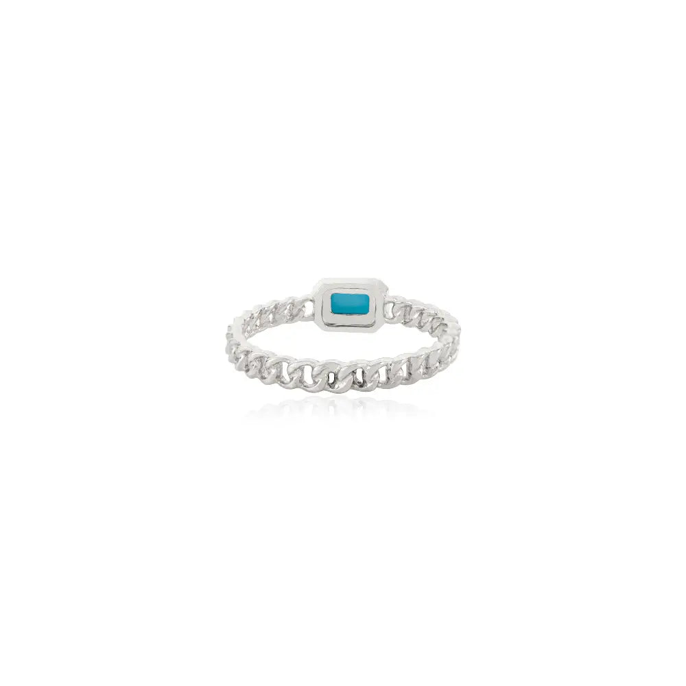 Cabochon Gemstone Turquoise & Diamond Solid 14K Gold Cuban Chain Halo Ring Unisex