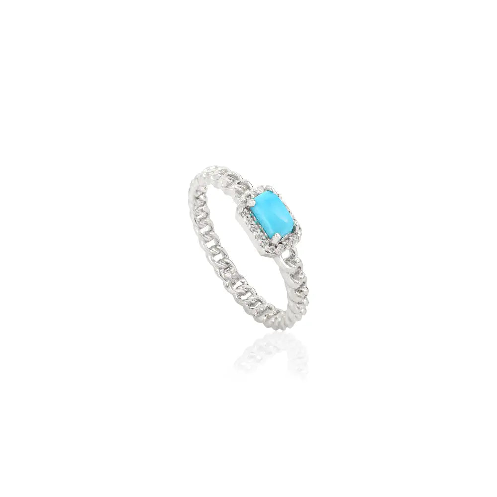 Cabochon Gemstone Turquoise & Diamond Solid 14K Gold Cuban Chain Halo Ring Unisex