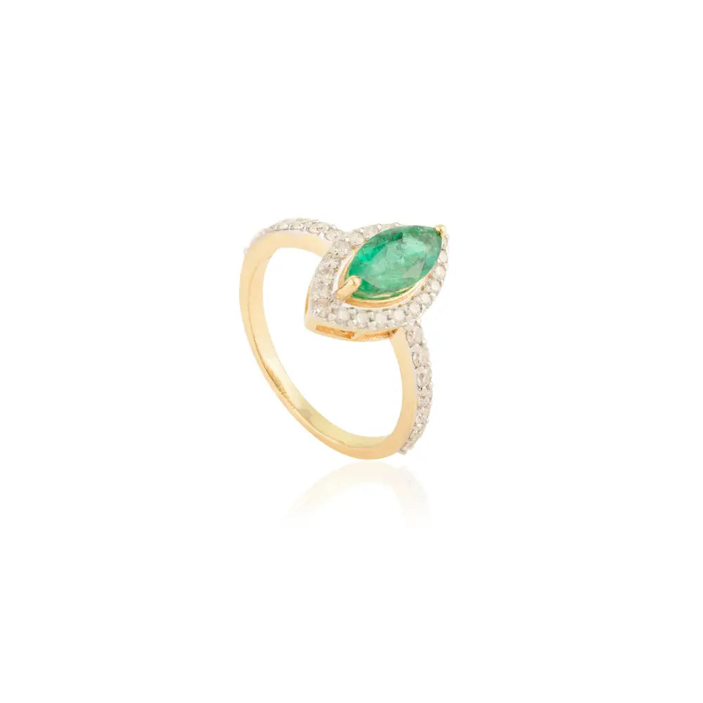 Big Marquise Cut Emerald & Diamond 18K Yellow Gold Halo Ring Trending Party Wear Jewelry