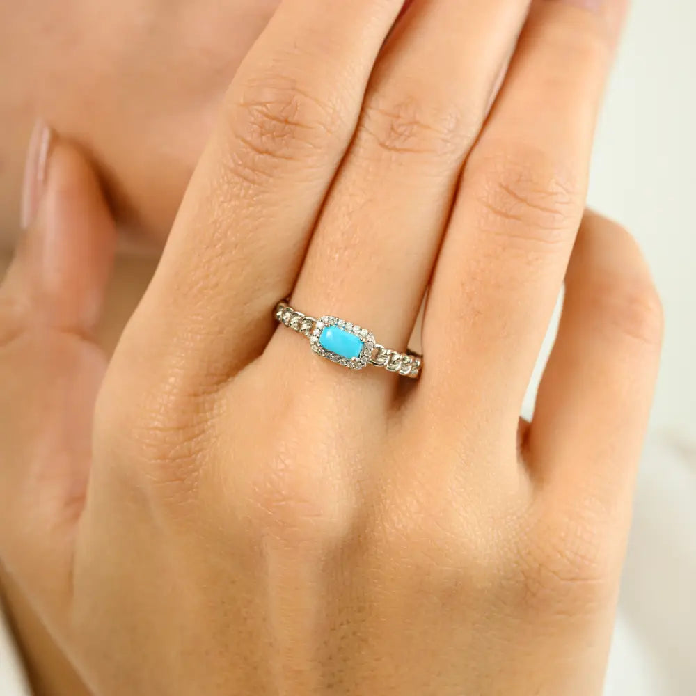 Cabochon Gemstone Turquoise & Diamond Solid 14K Gold Cuban Chain Halo Ring Unisex