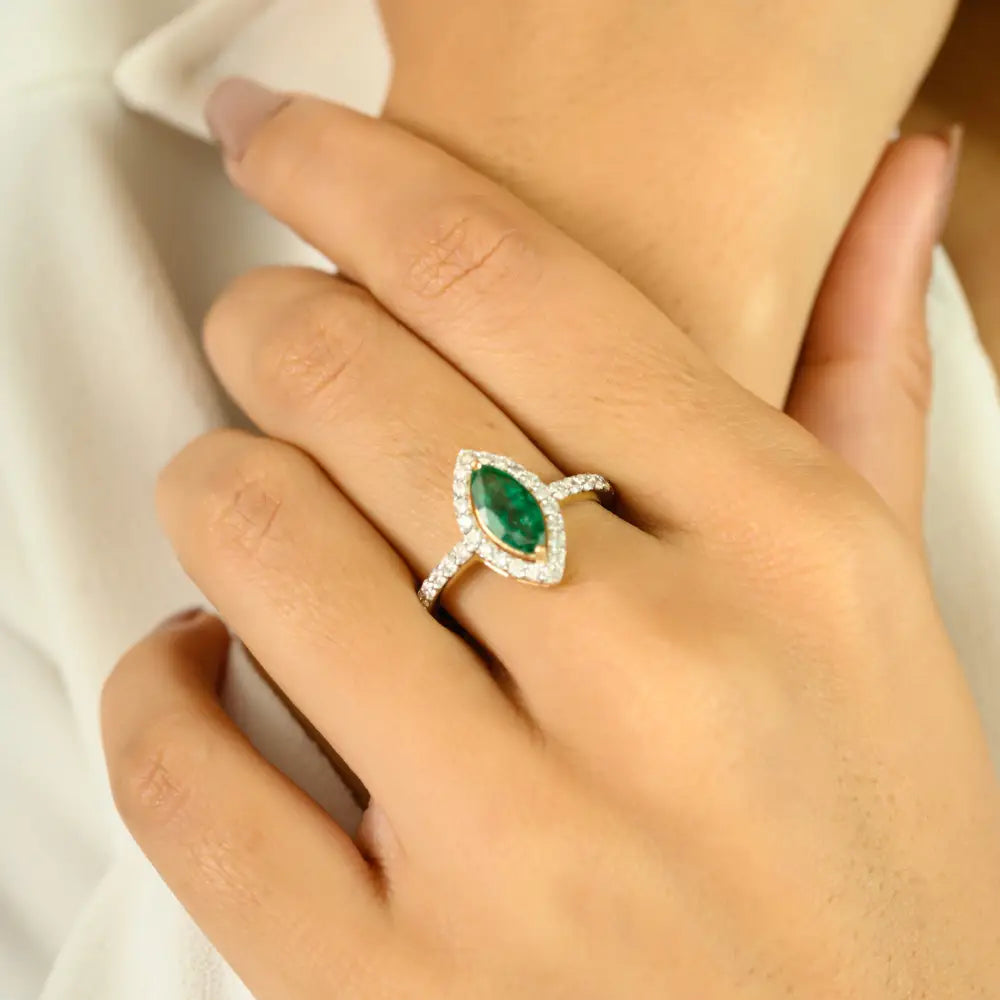 Big Marquise Cut Emerald & Diamond 18K Yellow Gold Halo Ring Trending Party Wear Jewelry