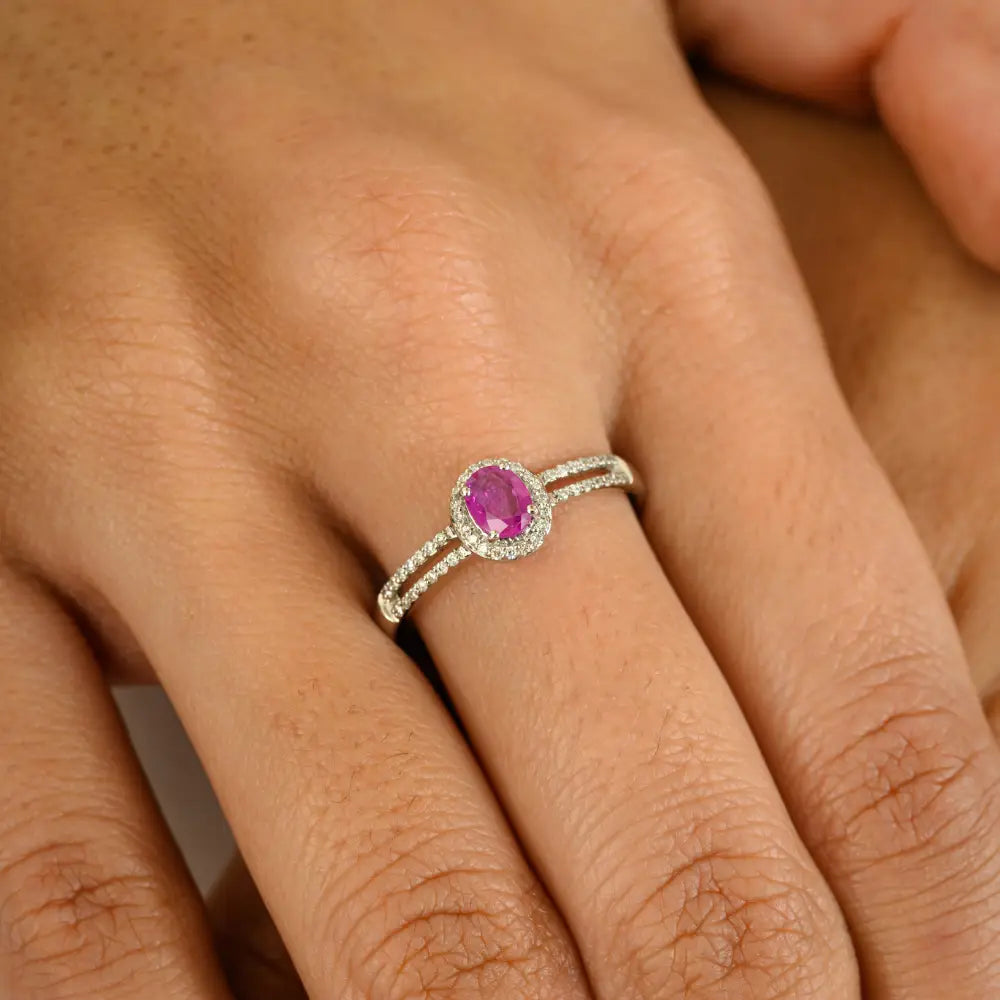Prong Setting Ruby & Diamond 14K White Gold Split Shank Ring For Women Minimal Jewelry