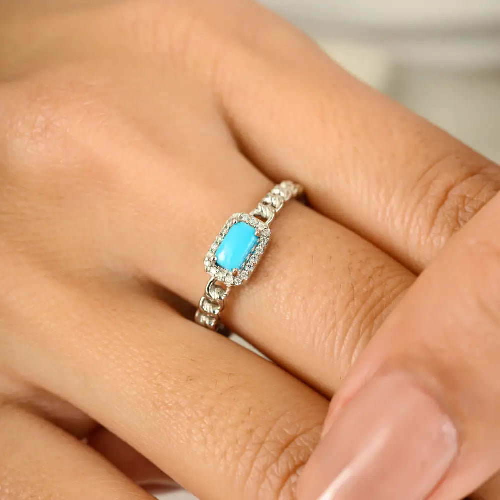 Cabochon Gemstone Turquoise & Diamond Solid 14K Gold Cuban Chain Halo Ring Unisex