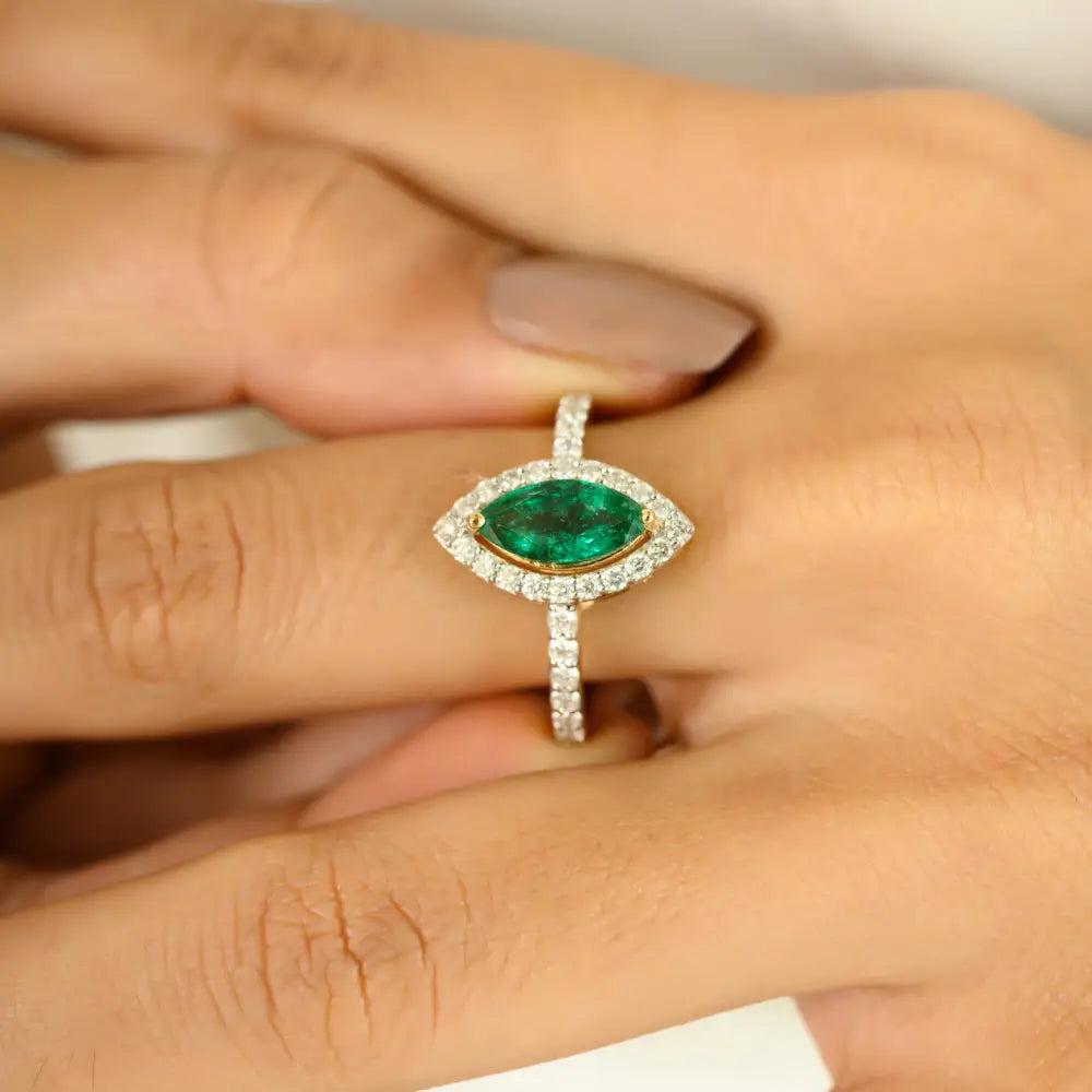 Big Marquise Cut Emerald & Diamond 18K Yellow Gold Halo Ring Trending Party Wear Jewelry